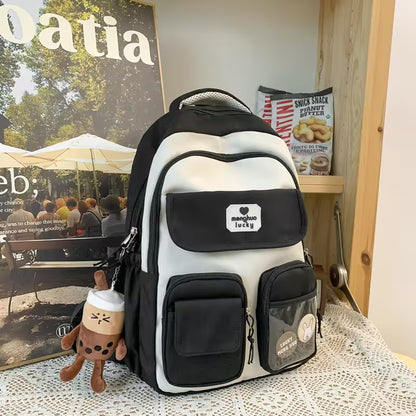 Black Kawaii Girls Backpack With Pendant | Cute Rabbit Pin Multi-Pocket School Bag | 5 Colors | Campus & Daily Carry for Teens & Students