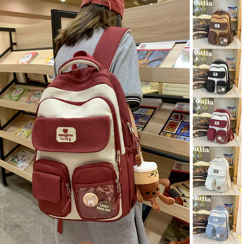 Kawaii Girls Backpack With Pendant | Cute Rabbit Pin Multi-Pocket School Bag | 5 Colors | Campus & Daily Carry for Teens & Students