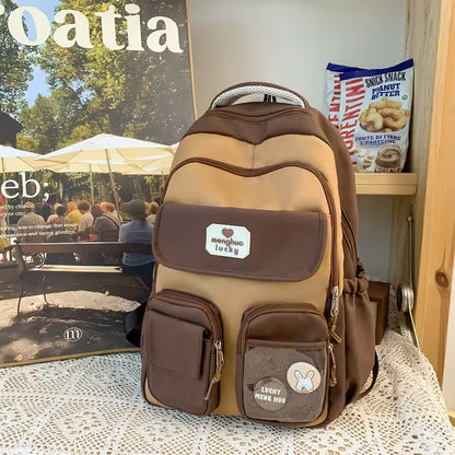 Brown Kawaii Girls Backpack Without Pendant | Cute Rabbit Pin Multi-Pocket School Bag | 5 Colors | Campus & Daily Carry for Teens & Students
