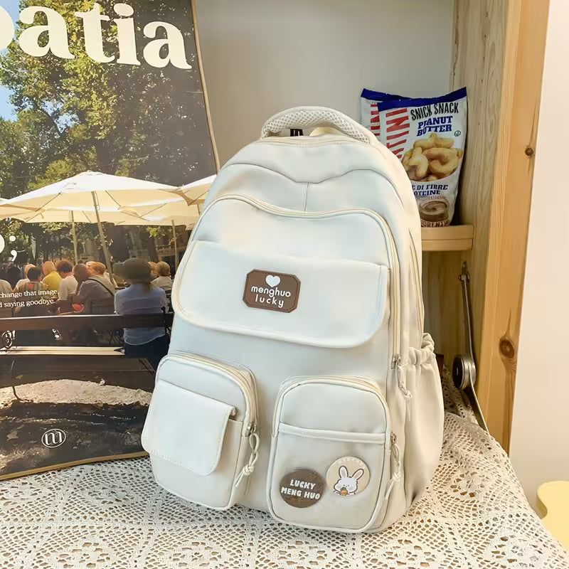 White Kawaii Girls Backpack Without Pendant | Cute Rabbit Pin Multi-Pocket School Bag | 5 Colors | Campus & Daily Carry for Teens & Students
