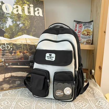 Black Kawaii Girls Backpack Without Pendant | Cute Rabbit Pin Multi-Pocket School Bag | 5 Colors | Campus & Daily Carry for Teens & Students