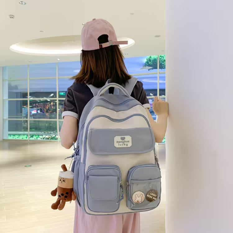 Kawaii Girls Backpack With Pendant | Cute Rabbit Pin Multi-Pocket School Bag | 5 Colors | Campus & Daily Carry for Teens & Students