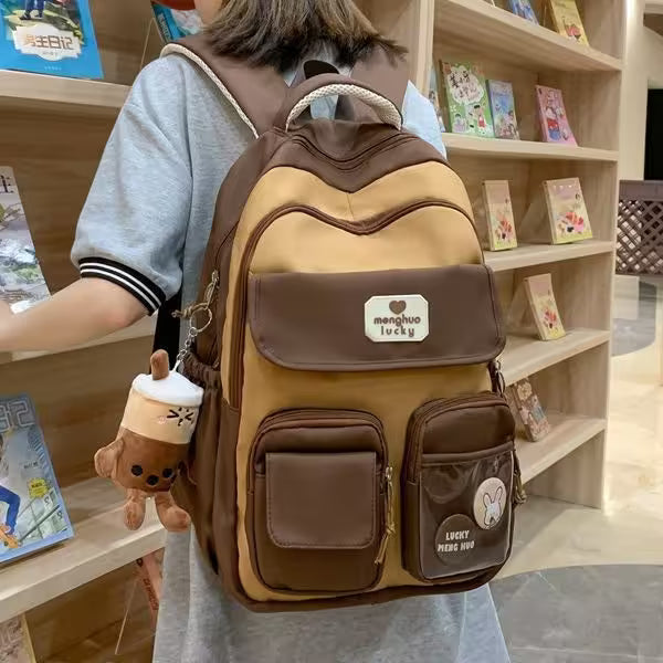 Kawaii Girls Backpack With Pendant | Cute Rabbit Pin Multi-Pocket School Bag | 5 Colors | Campus & Daily Carry for Teens & Students