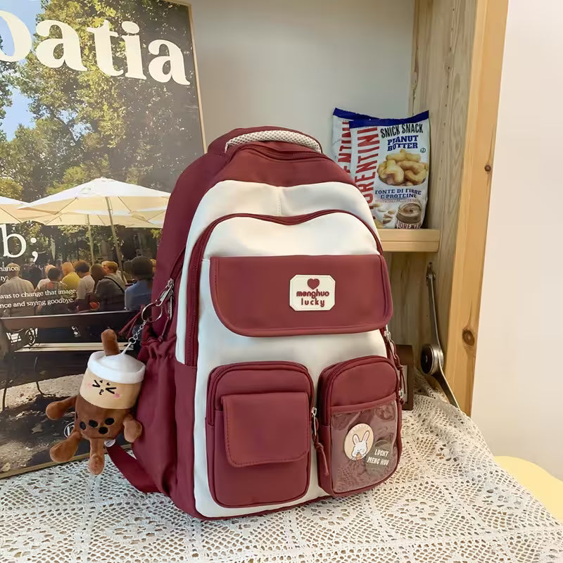 Red Kawaii Girls Backpack With Pendant | Cute Rabbit Pin Multi-Pocket School Bag | 5 Colors | Campus & Daily Carry for Teens & Students