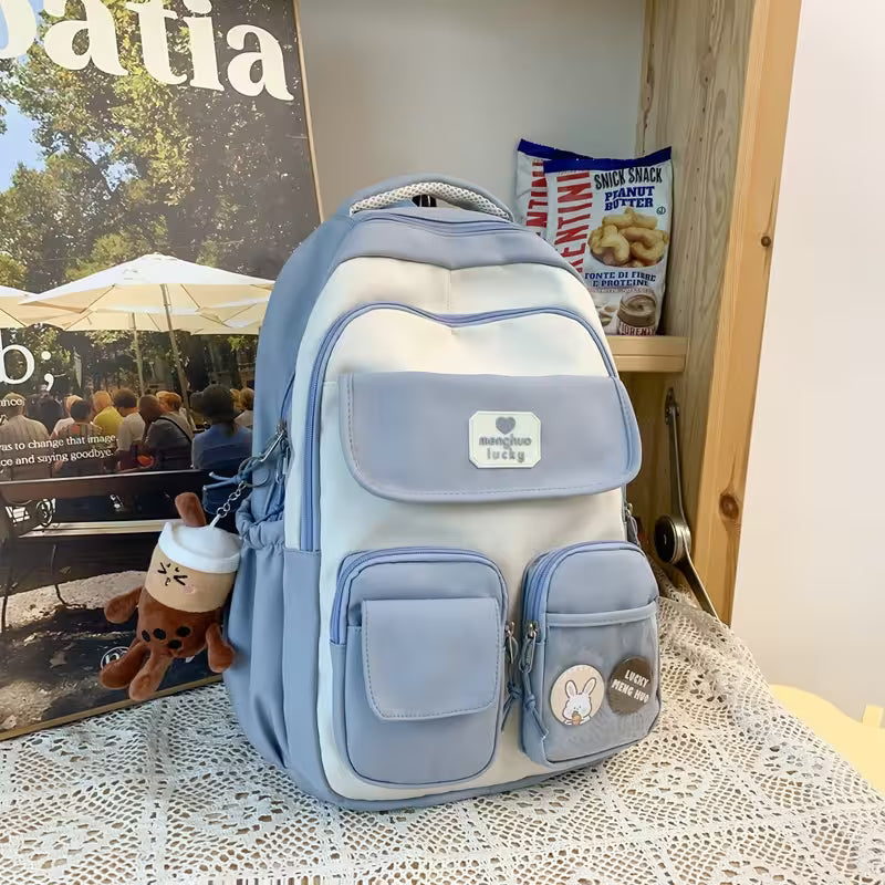 Blue Kawaii Girls Backpack With Pendant | Cute Rabbit Pin Multi-Pocket School Bag | 5 Colors | Campus & Daily Carry for Teens & Students