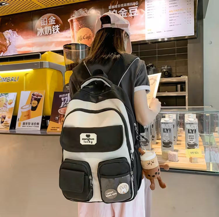 Kawaii Girls Backpack With Pendant | Cute Rabbit Pin Multi-Pocket School Bag | 5 Colors | Campus & Daily Carry for Teens & Students