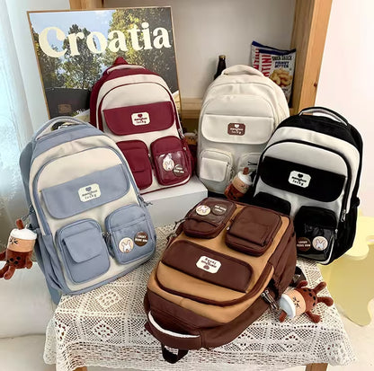 Kawaii Girls Backpack With Pendant | Cute Rabbit Pin Multi-Pocket School Bag | 5 Colors | Campus & Daily Carry for Teens & Students