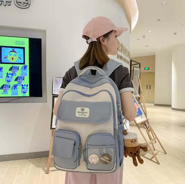 Kawaii Girls Backpack With Pendant | Cute Rabbit Pin Multi-Pocket School Bag | 5 Colors | Campus & Daily Carry for Teens & Students