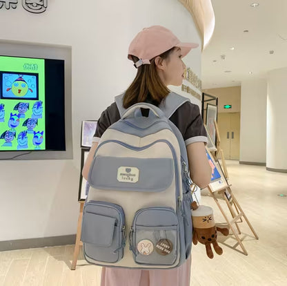 Kawaii Girls Backpack With Pendant | Cute Rabbit Pin Multi-Pocket School Bag | 5 Colors | Campus & Daily Carry for Teens & Students