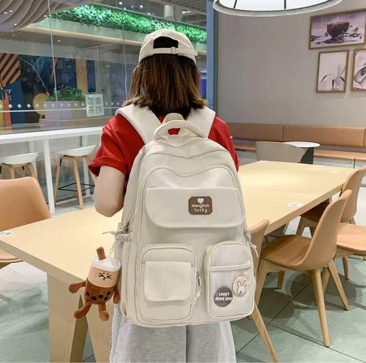 Kawaii Girls Backpack With Pendant | Cute Rabbit Pin Multi-Pocket School Bag | 5 Colors | Campus & Daily Carry for Teens & Students