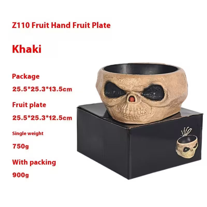 Skull-shaped fruit plate with packaging details on a white background