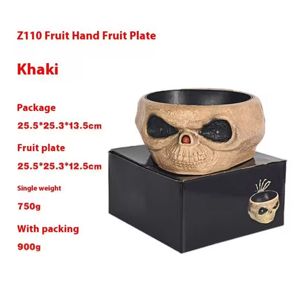 Skull-shaped fruit plate with packaging details on a white background