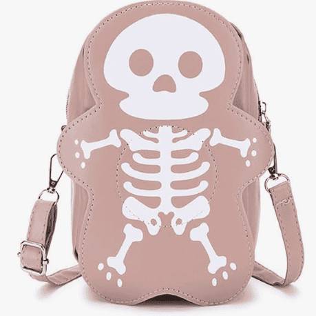 Pink crossbody bag with skeleton design on a white background
