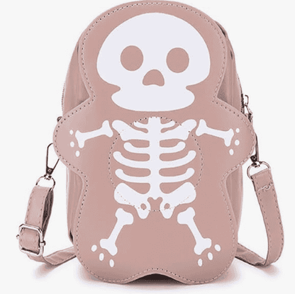 Pink crossbody bag with skeleton design on a white background