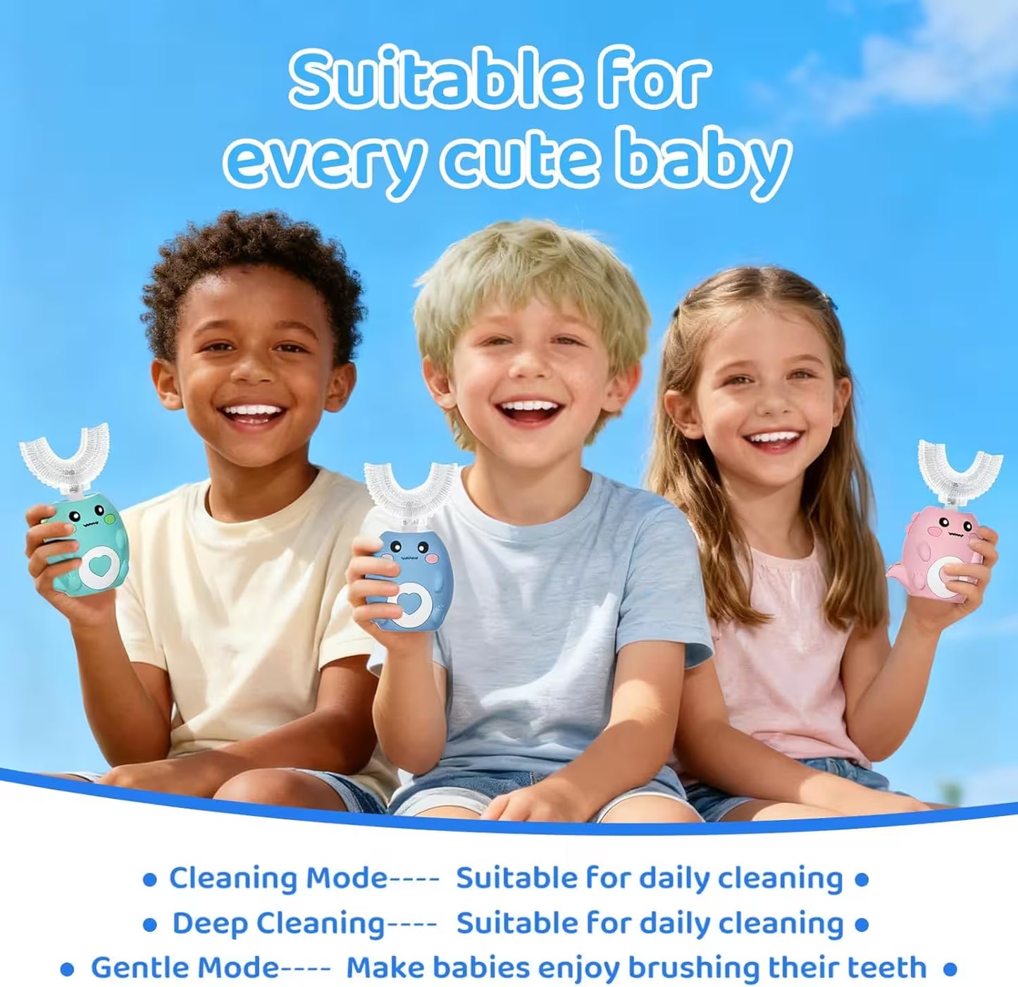 Kids Electric Toothbrush | U-Shaped | 360° Automatic Sonic Cleaning | Food-Grade Silicone | 3 Modes | 60-Second Timer