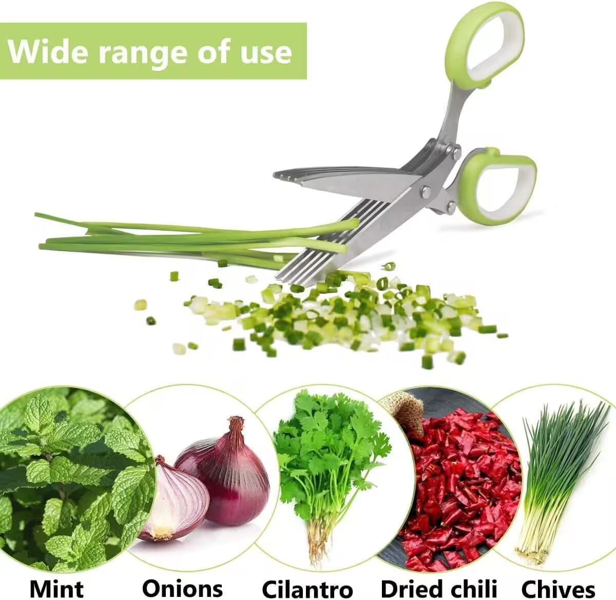 Shears with chopped green herbs and images of mint, onions, cilantro, dried chili, and chives.