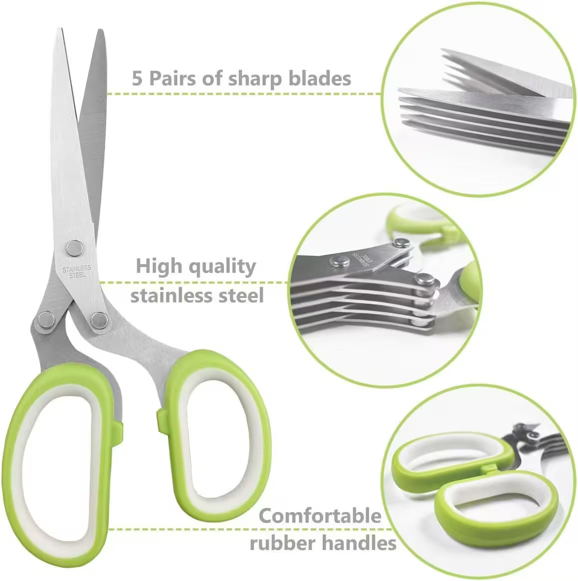 Green and white scissors with highlighted features on a white background