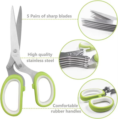 Green and white scissors with highlighted features on a white background