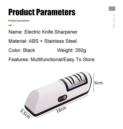 Electric knife sharpener with product parameters on a white background