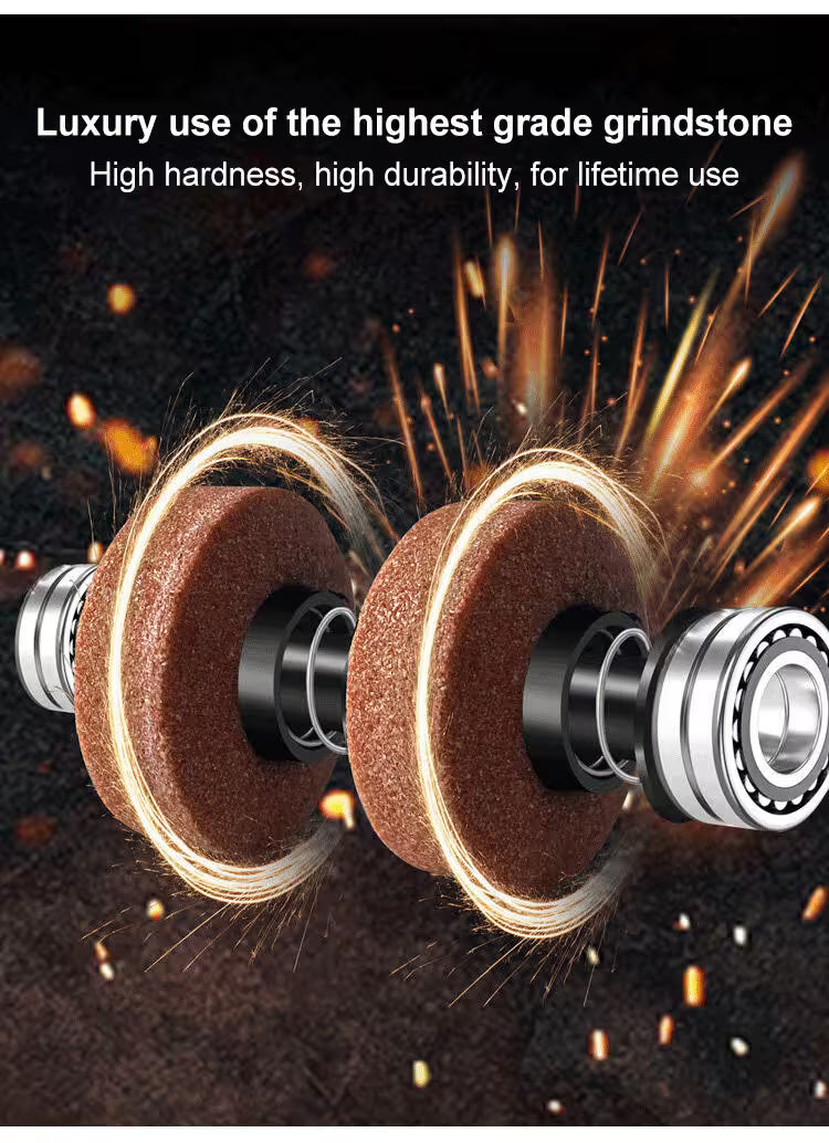 Two grinding wheels with sparks on a dark background, highlighting their high-grade grindstone.