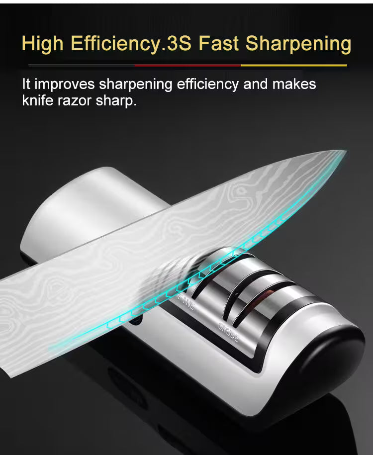 Knife sharpener with a knife on a dark background, highlighting high efficiency and fast sharpening.