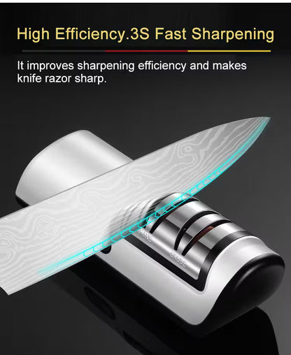 Knife sharpener with a knife on a dark background, highlighting high efficiency and fast sharpening.