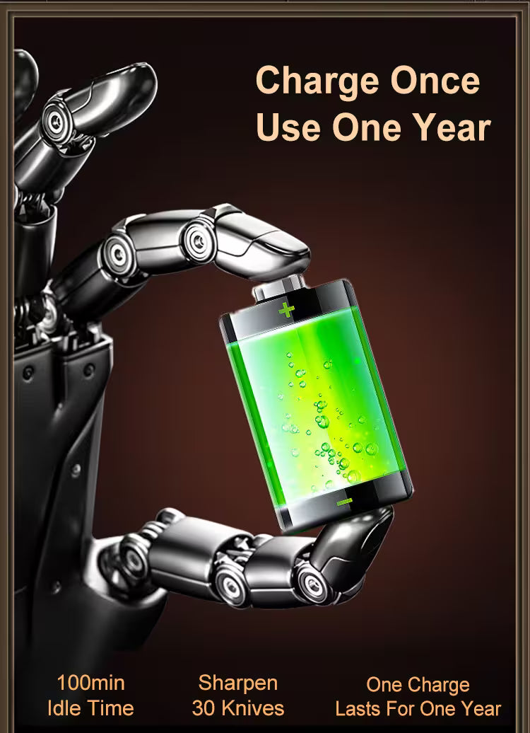 Robotic hand holding a green battery with text about battery life and usage on a dark background