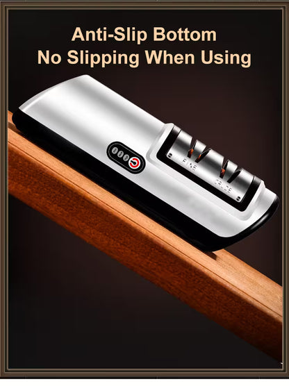 Knife sharpener with anti-slip bottom on a wooden surface