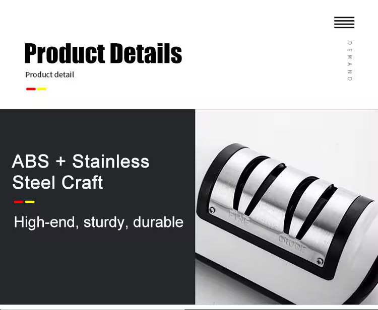 Product detail page with a knife sharpener and text about material and quality.