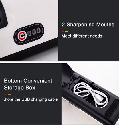 Product with two sharpening mouths and a bottom storage box for a USB charging cable.