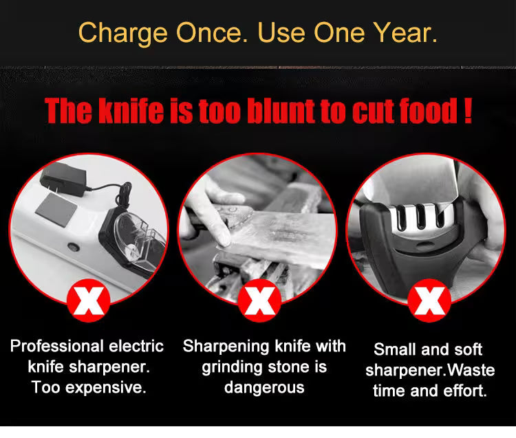 Advertisement for a knife sharpener with text and images on a black background