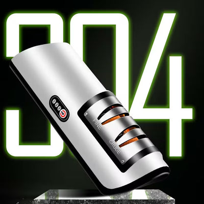 Hair trimmer with digital display on a black background with glowing text