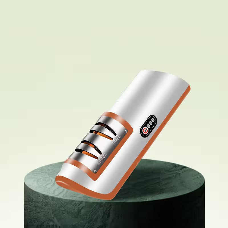 Knife sharpener on a green pedestal with a light green background