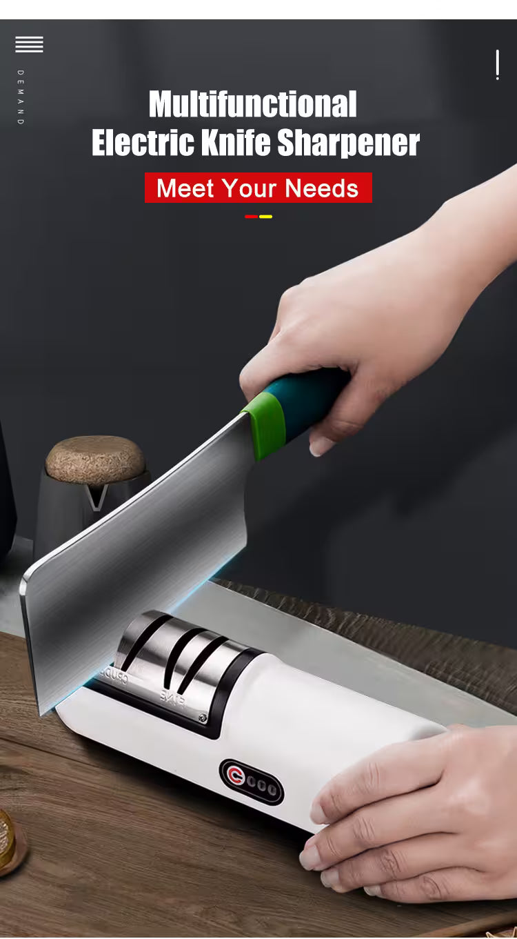 Multifunctional electric knife sharpener being used on a wooden surface with text highlighting its features.