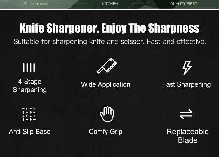 Promotional image of a knife sharpener with features listed on a black background.