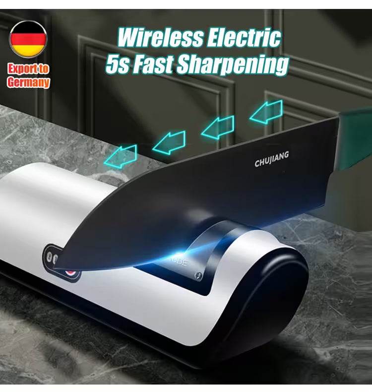 Wireless electric sharpener with text 'Wireless Electric 5s Fast Sharpening' and 'CHUJIANG' branding on a dark background.