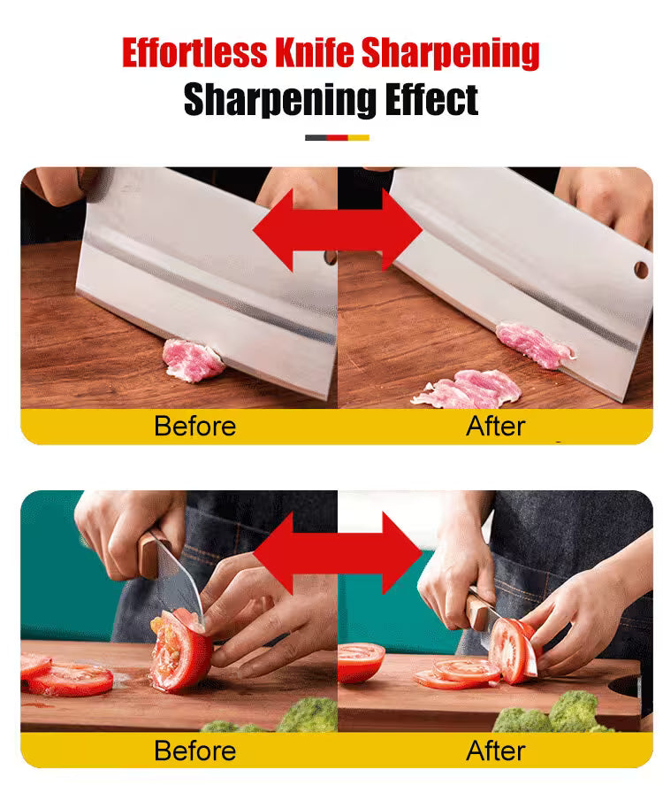 Before and after comparison of knife sharpening with a person cutting vegetables.