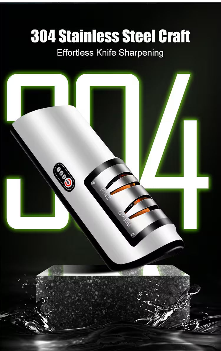 Knife sharpener with '304 Stainless Steel Craft' text on a black background