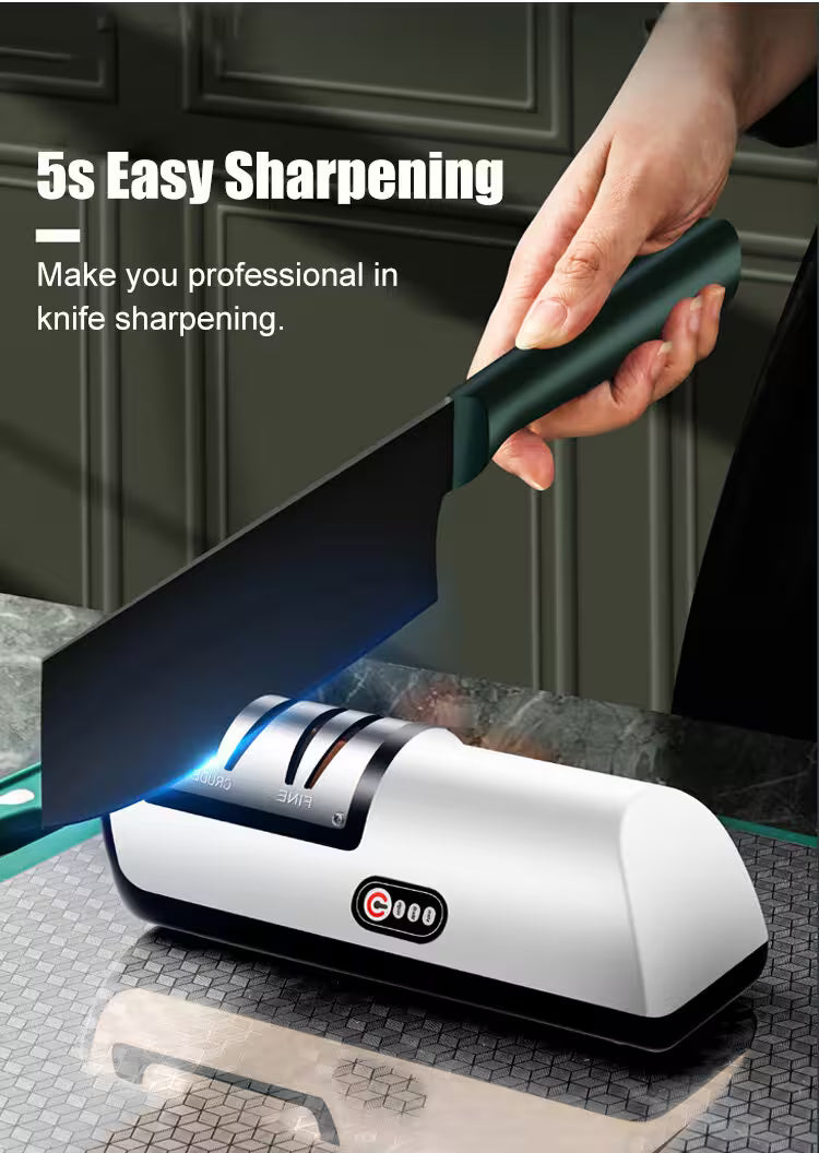 Knife sharpener with a hand holding a knife, set against a kitchen background.