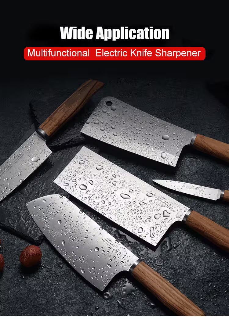 Multifunctional electric knife sharpener with wet knives on a dark surface