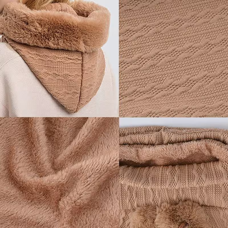 Collage of a brown knitted scarf with close-up details on a white background
