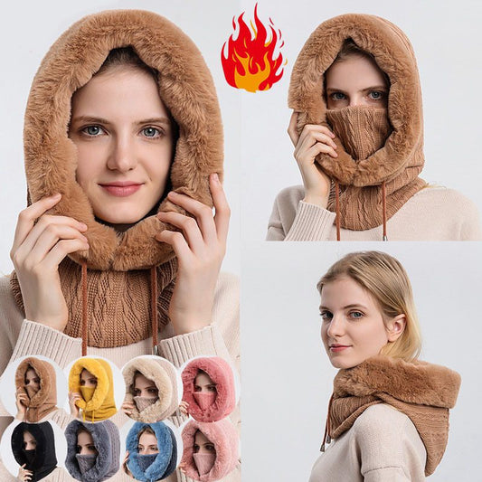 Woman wearing a brown fur-lined hood with flame icon, surrounded by color swatches.