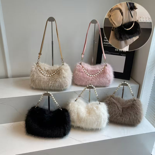 Set of fluffy handbags in various colors on a white surface with a mirror reflection.