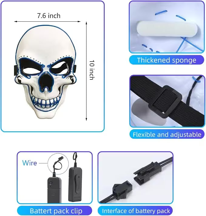 LED Halloween Mask – EL Wire Neon Glow, 3 Light Modes, Battery Powered, 10 Colors for Parties & Festivals