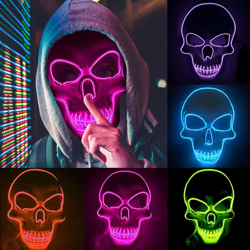 LED Halloween Mask – EL Wire Neon Glow, 3 Light Modes, Battery Powered, 10 Colors for Parties & Festivals