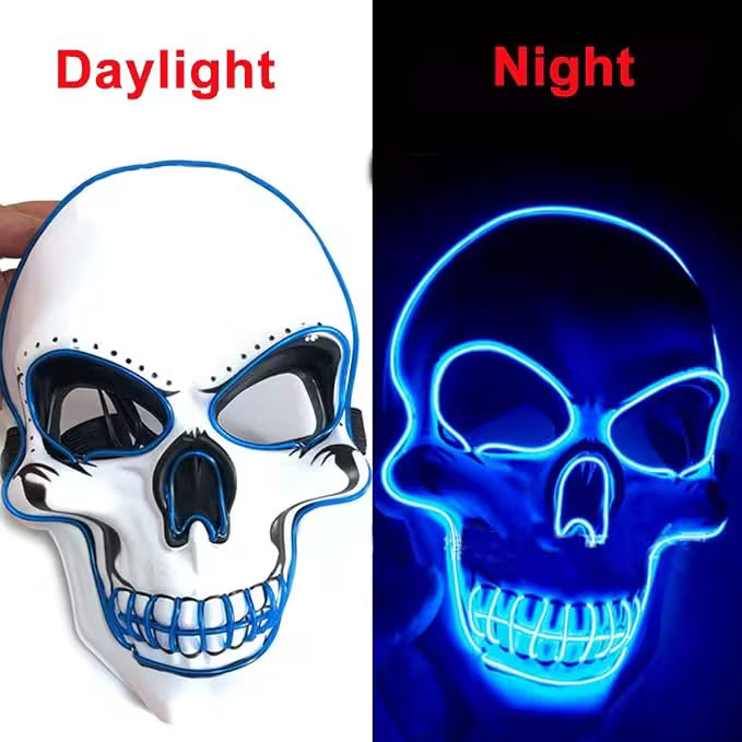 LED Halloween Mask – EL Wire Neon Glow, 3 Light Modes, Battery Powered, 10 Colors for Parties & Festivals