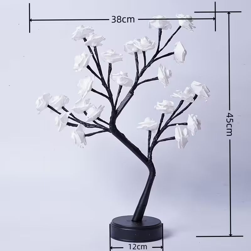 Decorative tree with white flowers and measurements on a light gray background