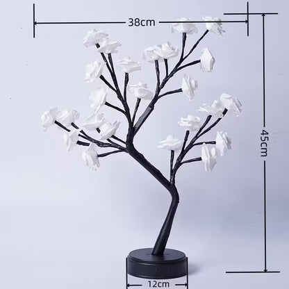 Decorative tree with white flowers and measurements on a light gray background
