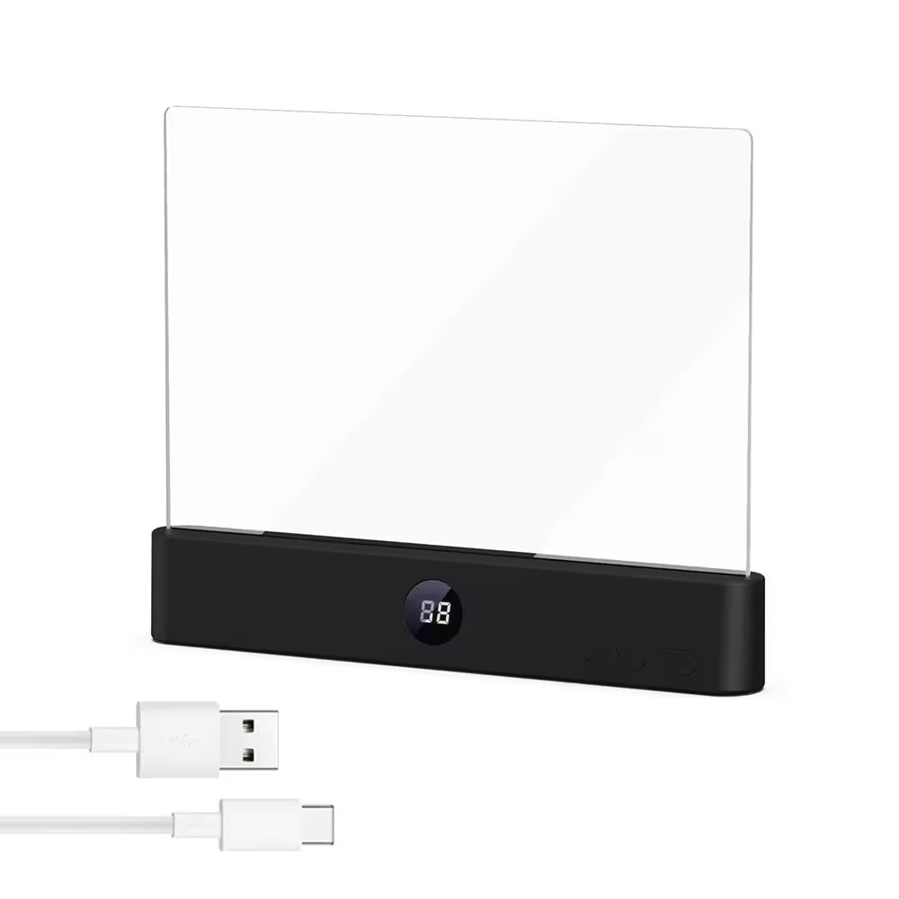 Black electronic device with digital display and USB cable on a white background