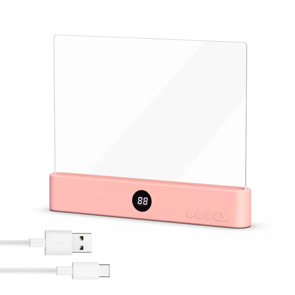 Pink electronic device with a digital display and USB cable on a white background